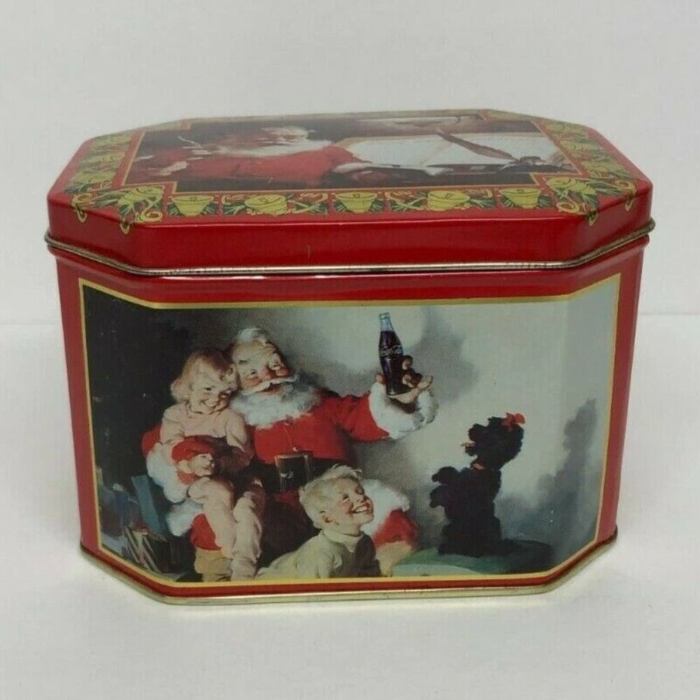 Collectible Coca-Cola Tin Can Canister Retro 1993 5.5"x4"x3.75" Christmas Claus